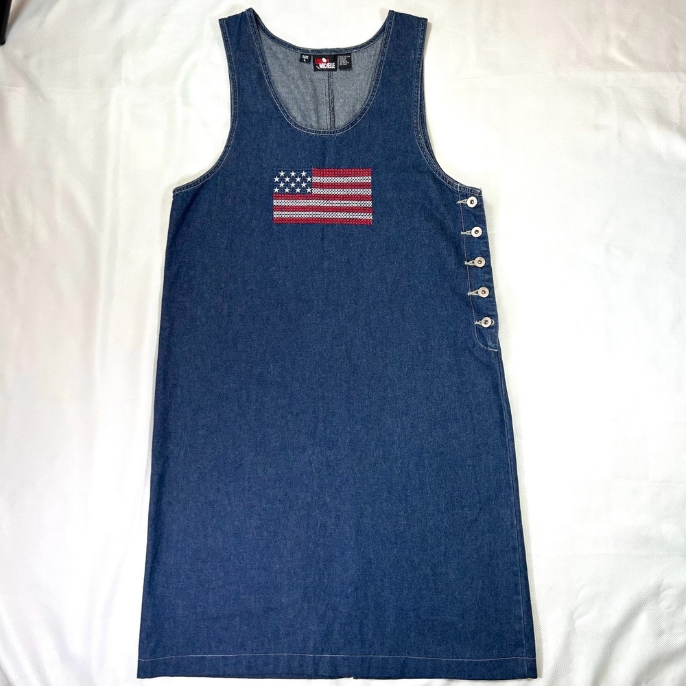 VTG 90s Lindsey Michelle Denim Jumper Dress Cross Stitch American Flag - Large